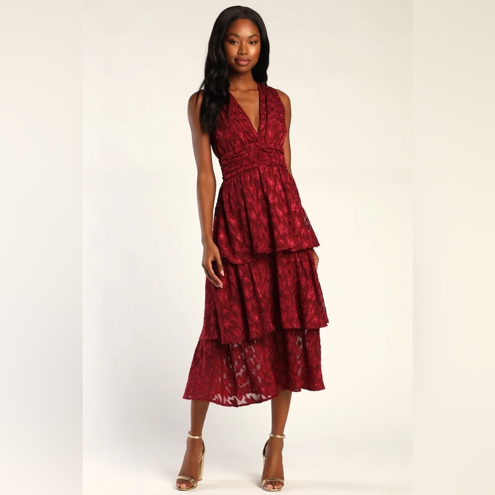 Lulu’s Make it Mesmerizing Red Wine Jacquard Tiered Plunge Neckline Midi Dress